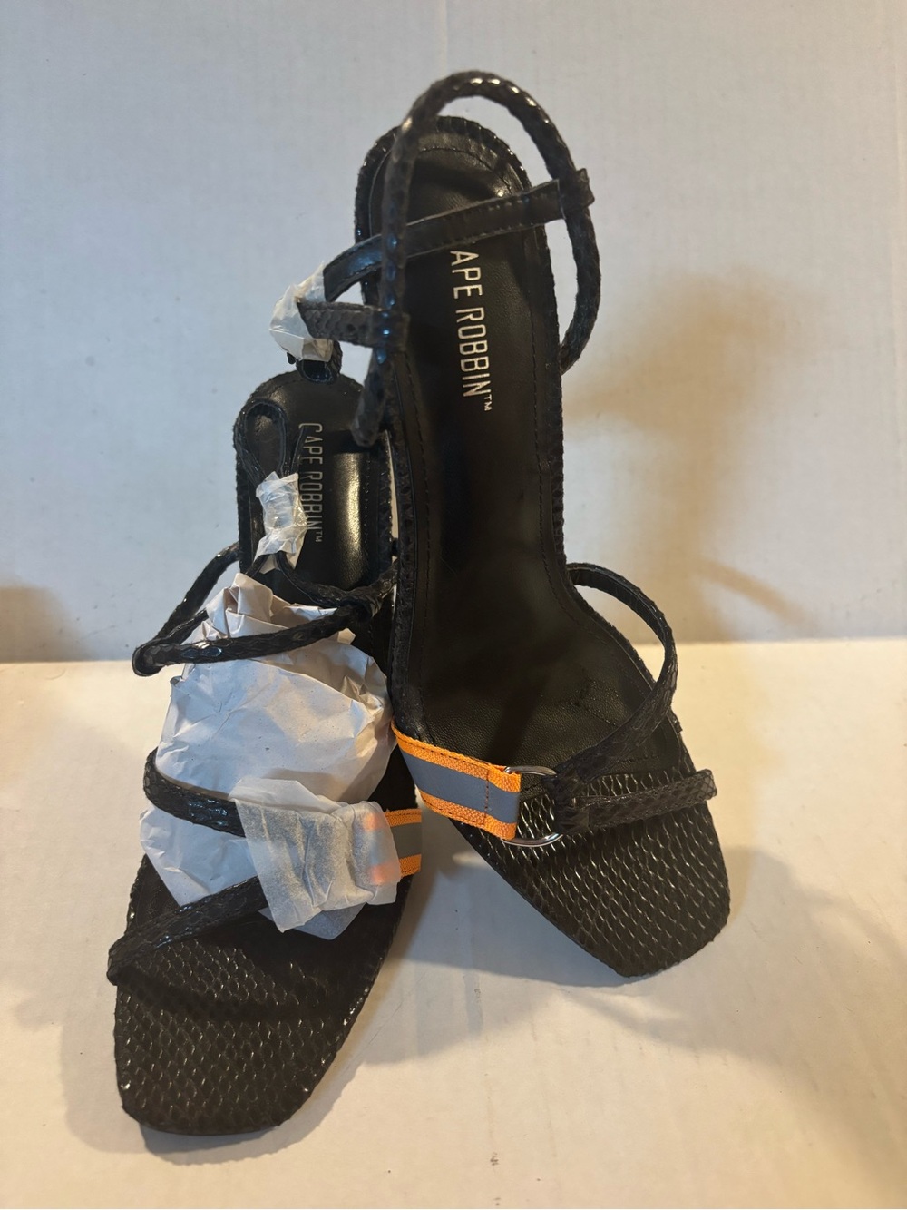 Cape Robbin Black Strappy Heeled Sandals with Orange Accent